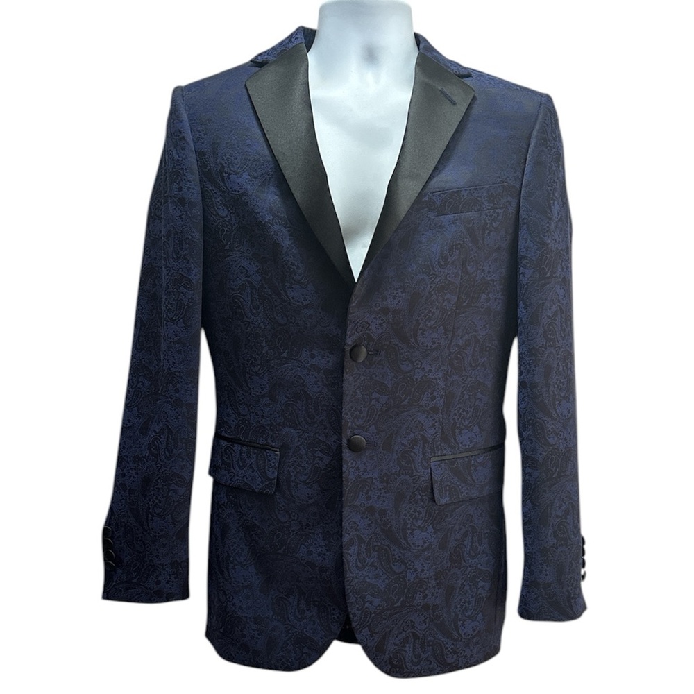 Egara Navy Paisley Tuxedo Blazer with Black Satin Lapel